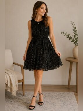 Maison Jules Black & Gold Dot Dress XL Sleeveless Fit & Flare Party Dress